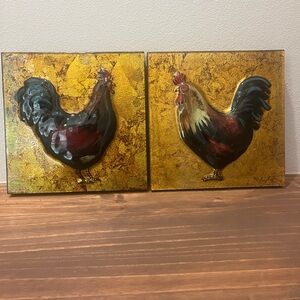 (2) Pier 1 One Rooster Wall Art 10" x 10" Reverse Painted Glass Country Farm